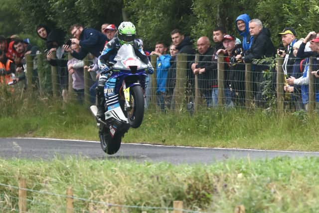 Mike Browne (Caffrey International/Russell Racing Honda) on his way to victory in the Open Superbike race at Armoy. (Photo by Stephen Davison/Pacemaker Press)