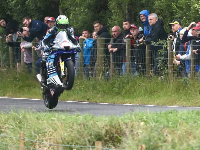 Mike Browne (Caffrey International/Russell Racing Honda) on his way to victory in the Open Superbike race at Armoy. (Photo by Stephen Davison/Pacemaker Press)