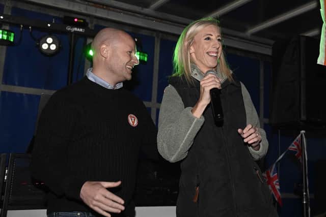 Legal representative for Portadown District Lodge 101 Jamie Bryson and DUP MP Carla Lockhart speaking during a Drumcree family support event last month. Photo: Mark Marlow/PA