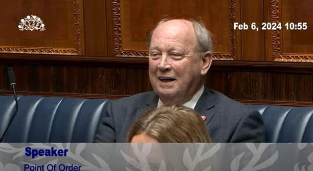 A grinning Jim Allister puts the Speaker Edwin Poots on the spot about comments that he would 'clean his clock'