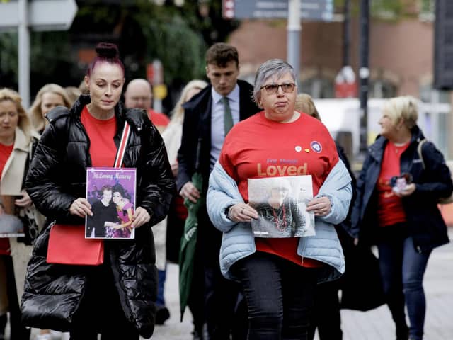 Martina Ferguson (left) and Brenda Doherty (right) leading members of Northern Ireland Covid-19 Bereaved Families for Justice to the Clayton Hotel in Belfast as the Covid-19 Inquiry holds its first day of hearings in Northern Ireland. The hearings are examining core UK decision-making and political governance in Northern Ireland during the pandemic
