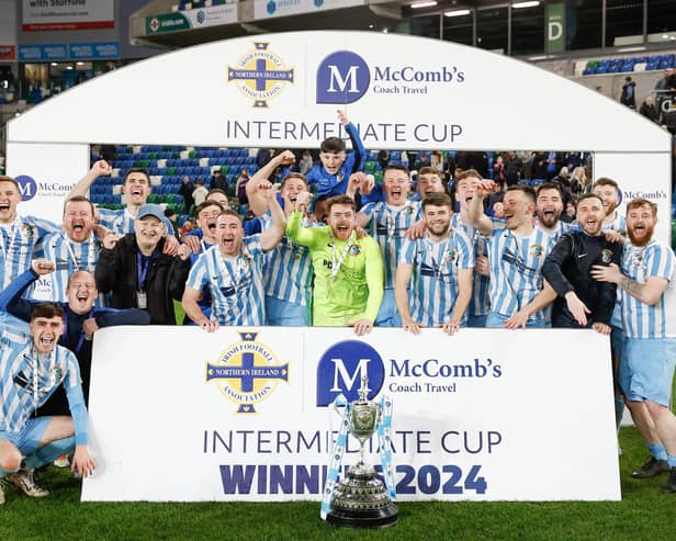 Immaculata celebrate success over Crumlin Star in the McComb’s Coach Travel Intermediate Cup final. (Photo by Irish Football Association)
