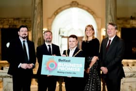 Councillor Paul Doherty, Belfast City Council, Chris McCracken, Linen Quarter BID, Belfast Lord Mayor councillor Ryan Murphy, Jenni Barkley, Belfast Harbour and Ian Snowden, Permanent Secretary, Department for the Economy, launch the Belfast Business Promise at Belfast City Hall today encouraging member businesses to become accredited and share good practice to help create a better, more inclusive city
