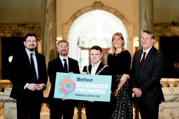 Councillor Paul Doherty, Belfast City Council, Chris McCracken, Linen Quarter BID, Belfast Lord Mayor councillor Ryan Murphy, Jenni Barkley, Belfast Harbour and Ian Snowden, Permanent Secretary, Department for the Economy, launch the Belfast Business Promise at Belfast City Hall today encouraging member businesses to become accredited and share good practice to help create a better, more inclusive city