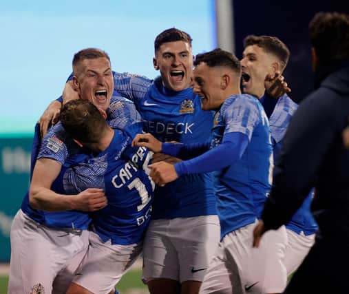 Glenavon's Calum Birney celebrates his late equaliser against Coleraine at Mourneview Park. (Photo by Alan Weir/Pacemaker Press)