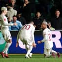 Manchester United's Antony (right) celebrates scoring during the Emirates FA Cup fourth-round match at Rodney Parade against Newport. (Photo by Nick Potts/PA Wire)