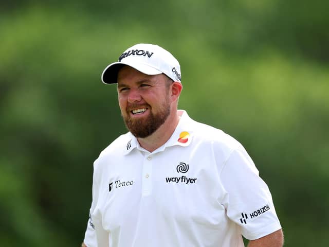 Shane Lowry of Ireland looks on from the 18th green during the first round of the 2023 Masters Tournament at Augusta National Golf Club.