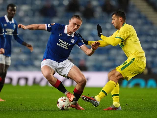 Rangers’ Thelo Aasgaard (left) up against Ludogorets’ Ivaylo Chochev at Ibrox. (Photo by Andrew Milligan/PA Wire)