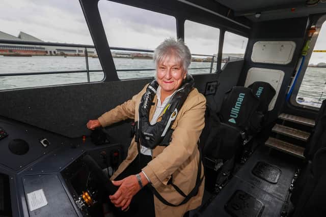 Baroness Goldie, Minister of State for Defence, onboard Artemis Technologies electric foiling demonstrator workboat, Pioneer of Belfast, during a visit to Belfast. Photo: Liam McBurney/PA Wire