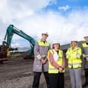Construction has started on a 6,221 sq m extension at Airbus’ Belfast wing facility.Pictured is Harrison Dalton, Airbus apprentice, Charlotte O’Kane, hHead of A220 Programme Management, Joanne Millar, head of A220 Wing Operations and Ethan Kane, Airbus apprentice
