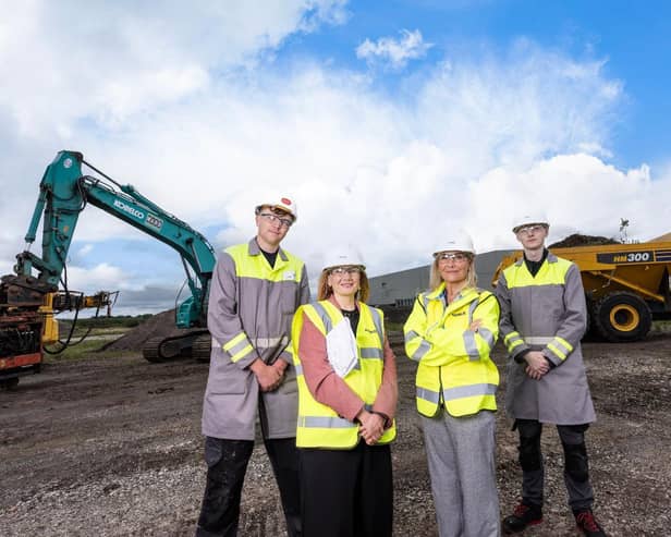 Construction has started on a 6,221 sq m extension at Airbus’ Belfast wing facility.Pictured is Harrison Dalton, Airbus apprentice, Charlotte O’Kane, hHead of A220 Programme Management, Joanne Millar, head of A220 Wing Operations and Ethan Kane, Airbus apprentice