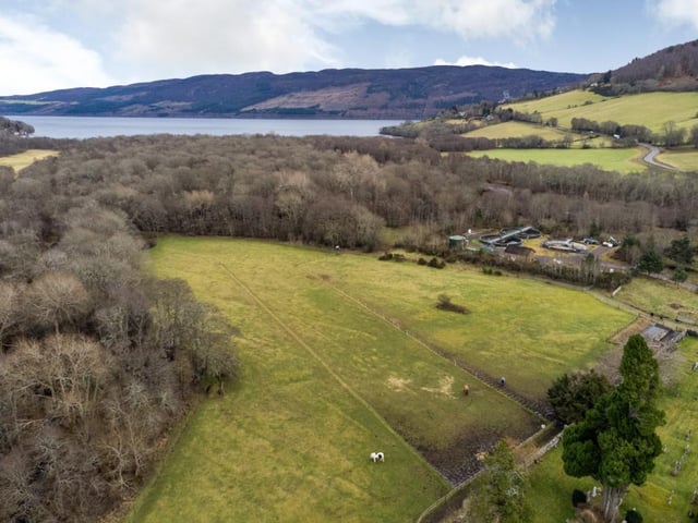 Paddocks with Loch Ness in the background.