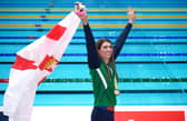 Northern Ireland's Bethany Firth celebrates with the gold medal after winning the Women's 200m Freestyle S14 Final at the Sandwell Aquatics Centre during the 2022 Commonwealth Games in Birmingham. (Photo by Peter Byrne/PA)