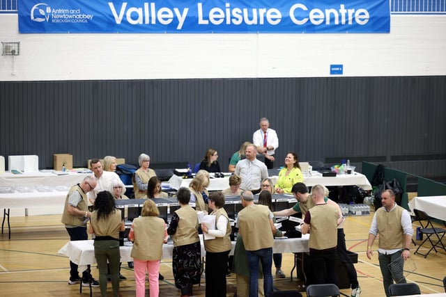 The Antrim and Newtownabbey Borough Council election count gets under way at the Valley Leisure Centre in Newtownabbey