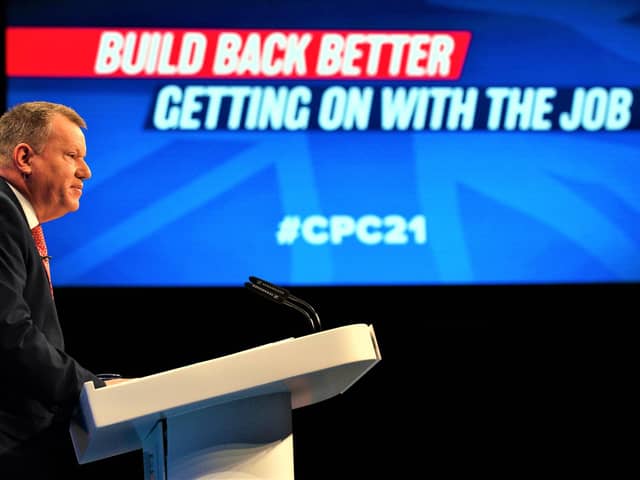 Lord David Frost, Minister of State at the Cabinet Office, speaks during the Conservative Party Conference in Manchester. Picture date: Monday October 4, 2021.