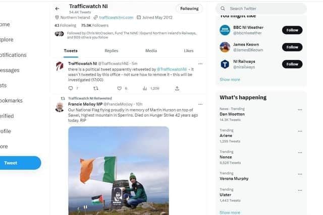 Trafficwatch NI Twitter page before the tweet was later removed from the account