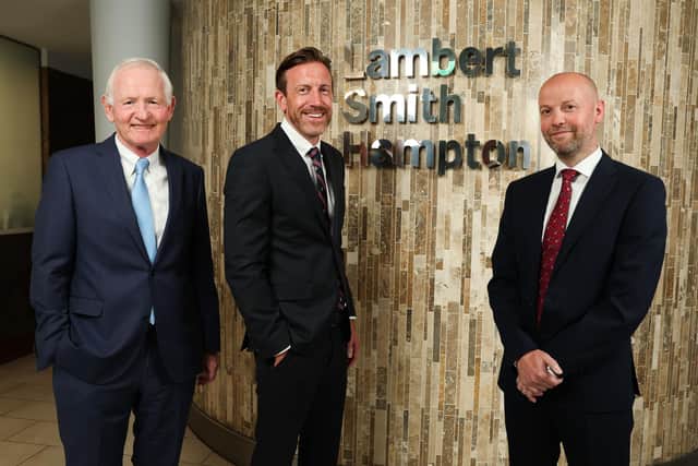 Northern Ireland’s largest commercial property consultancy, Lambert Smith Hampton appoints Neil McShane as managing director in Ireland. Pictured at LSH’s Belfast office are Keith Shiells, Gary Nesbitt and Neil McShane