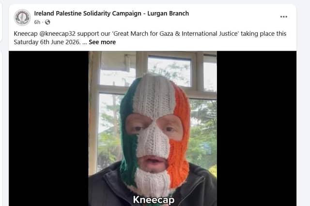 The Lurgan branch of the Ireland Palestine Solidarity Campaign (IPSC) has published an appeal by controversial rap band Kneecap for people to join this Saturday's parade.