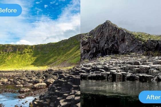 A new study has used AI software to reveal how climate change could affect Giant’s Causeway in the future. Pictured is a  before and after with the the world-famous stones getting eroded and submerged by the sea as a result of climate change and the rising sea levels over the last few years