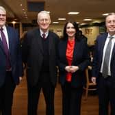 DUP leader Gavin Robinson, Shadow Secretary of State Hilary Benn, deputy First Minister Emma Little Pengelly and education minister Paul Givan at a party breakfast event in Lagan Valley.
