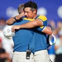 Rory McIlroy with captain Luke Donald celebrating on the day Team Europe secured success in the 44th Ryder Cup at the Marco Simone Golf and Country Club. (Photo by Mike Egerton/PA Wire)