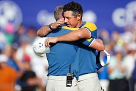 Rory McIlroy with captain Luke Donald celebrating on the day Team Europe secured success in the 44th Ryder Cup at the Marco Simone Golf and Country Club. (Photo by Mike Egerton/PA Wire)
