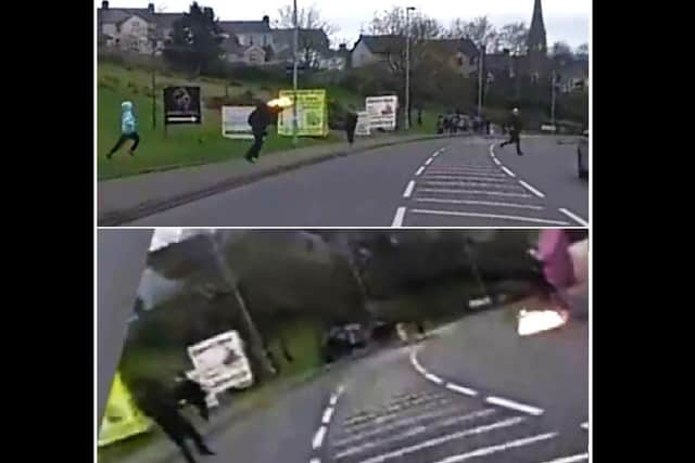 The above frame shows the pursuer in the act of throwing the petrol bomb at the target (fleeing across the road, right). The below frame shows it bursting at the target's fett