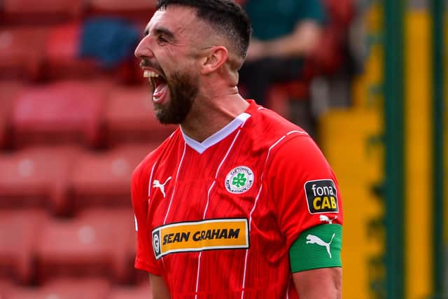 Cliftonville striker Joe Gormley celebrates scoring his second goal during their Sports Direct Premiership win over Glenavon at Solitude, Belfast. PIC: Andrew McCarroll/ Pacemaker Press