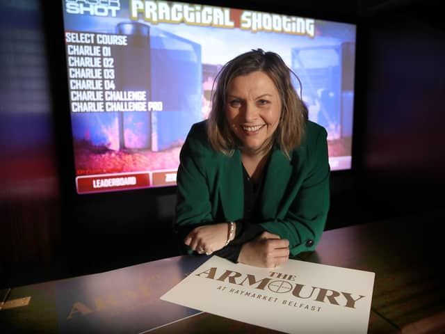 Ireland’s first licensed shooting range simulator, The Armoury, is set to open with a bang next Friday 26th April 2024 at Haymarket, Belfast, following a £250,000 investment. Pictured is Kate Mc Nally, managing director of The Armoury, Haymarket, Belfast