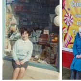 Sheila Conway (left) aged 25 pictured outside the Portstewart sweet shop in 1964 and also last week now aged 85