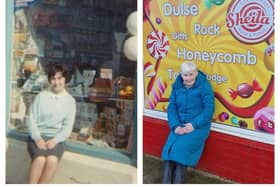 Sheila Conway (left) aged 25 pictured outside the Portstewart sweet shop in 1964 and also last week now aged 85