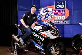 Alastair Seeley with the TAS Racing SYNETIQ BMW Superstock machine he is set to ride at the fonaCAB and Nicholl Oils North West 200 in May.
