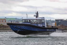 Artemis Technologies electric foiling demonstrator workboat, Pioneer of Belfast, carrying Baroness Goldie, Minister of State for Defence, during her visit to Belfast. Photo: Liam McBurney/PA Wire