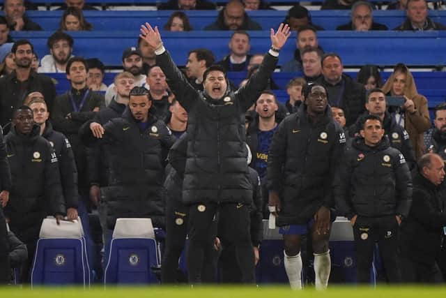 Chelsea manager Mauricio Pochettino reacts on the touchline as the final whistle approaches during the Premier League match against Manchester United