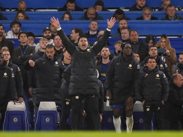 Chelsea manager Mauricio Pochettino reacts on the touchline as the final whistle approaches during the Premier League match against Manchester United