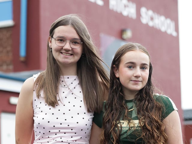 County Down pupils Hannah and Tilly after receiving their GCSE results at Kilkeel High School