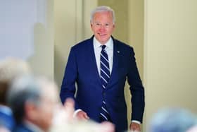 US President Joe Biden arrives to deliver his keynote speech at Ulster University in Belfast, during his visit to the island of Ireland. Picture date: Wednesday April 12, 2023.