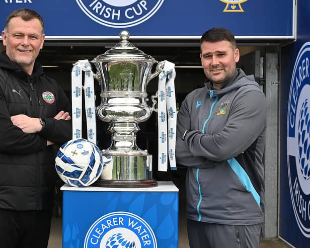 Cliftonville manager Jim Magilton (L) and Linfield boss David Healy will meet in the Irish Cup final next weekend. PIC: Arthur Allison/Pacemaker Press