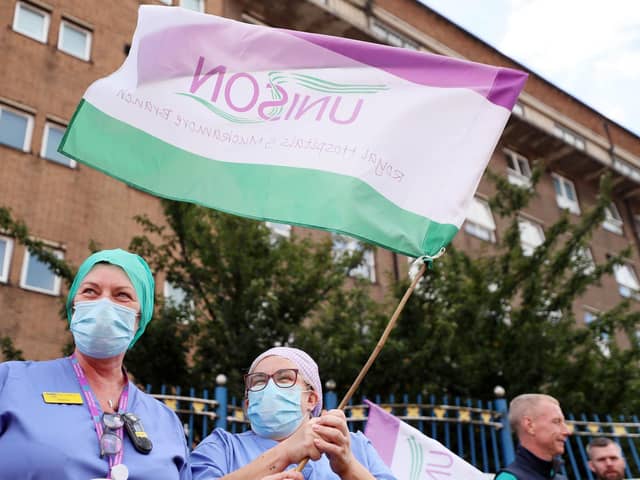 Unison members during a protest outside the Royal Victoria Hospital