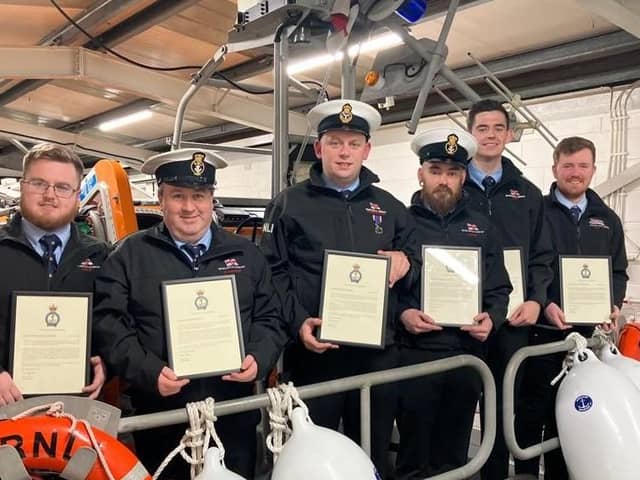 Coxswain Gerry McConkey, mechanic Shane Rice and crew members Lochlainn Leneghan, Declan McClelland, Karl Brannigan and Declan Barry have all received a framed RNLI Chief Executive commendation for their efforts that saw them launch their all-weather lifeboat and go to sea for 10 hours in weather conditions that deteriorated to gale force 9 winds and rough seas.