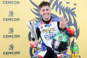Dominic Herbertson (Burrows Engineering/RK Racing) celebrates his four-timer at the Cemcor Cookstown 100 road races in Co Tyrone