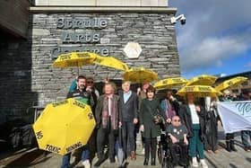Protesters outside the Strule Arts Centre in Omagh during the public inquiry into the controversial planning application for the Dalradian Gold Mine project at Greencastle, County Tyrone. Picture date: Monday April 13, 2026.