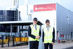 Minister for Agriculture, Environment and Rural Affairs Andrew Muir MLA with Simon Fitzpatrick, general manager  during a visit to Coca-Cola HBC’s Knockmore Hill production facility in Lisburn to see the newly upgraded Combined Heat and Power plant, now powered by renewable biomethane. Photograph by Declan Roughan / Press Eye