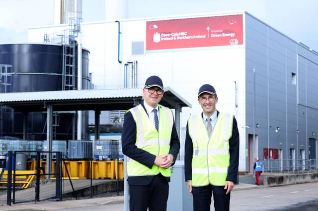 Minister for Agriculture, Environment and Rural Affairs Andrew Muir MLA with Simon Fitzpatrick, general manager during a visit to Coca-Cola HBC’s Knockmore Hill production facility in Lisburn to see the newly upgraded Combined Heat and Power plant, now powered by renewable biomethane. Photograph by Declan Roughan / Press Eye