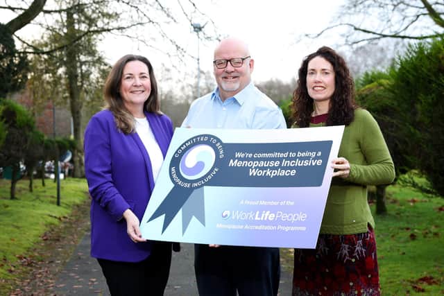 Northern Ireland’s electricity Transmission System Operator, SONI becomes first NI employer to join Menopause Accreditation Programme with Work Life People. Pictured is Karina Todd, founder and CEO of Work Life People, Colin Cairnduff, head of people and place at SONI and Caroline Ashe, HR business partner at SONI