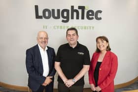 Omagh-based cyber security company LoughTec is creating 15 new jobs as part of its plans to more than double its export sales by the end of 2028. Pictured is Richard Christie, director of Technology and Services, Invest NI, Sean McDermott, chief executive officer, LoughTec and Ethna McNamee, head of regional business for the Western Region, Invest NI