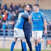 Stephen McDonnell celebrates with Aaron Prendergast after his late strike secured a point against Linfield last weekend. PIC: Alan Weir/Pacemaker Press