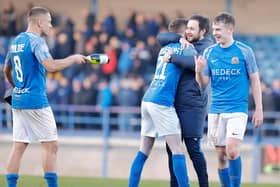 Stephen McDonnell celebrates with Aaron Prendergast after his late strike secured a point against Linfield last weekend. PIC: Alan Weir/Pacemaker Press
