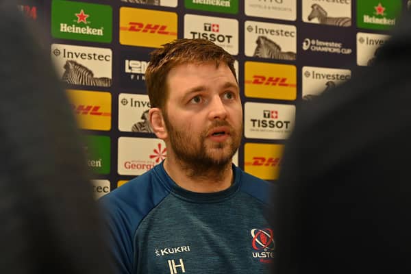 Lock Iain Henderson pictured discussing the upcoming Challenge Cup knock-out game against Montpellier