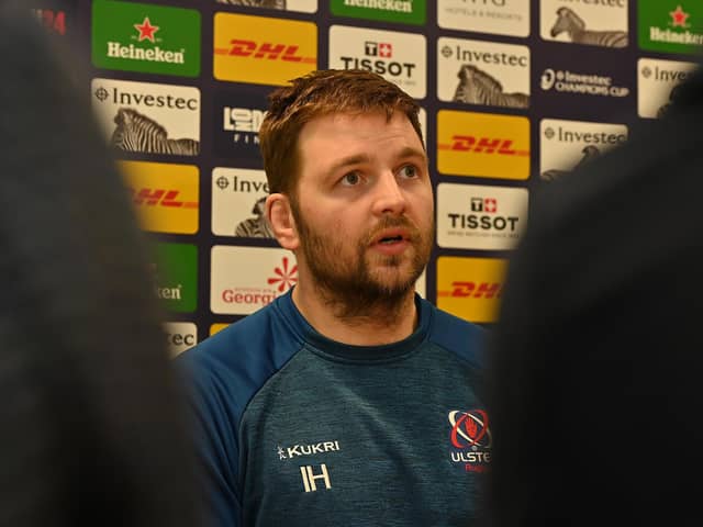 Lock Iain Henderson pictured discussing the upcoming Challenge Cup knock-out game against Montpellier